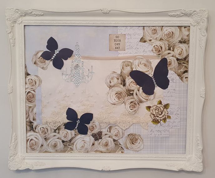 Butterflys and Roses, mix media collage by Dora Bramden.