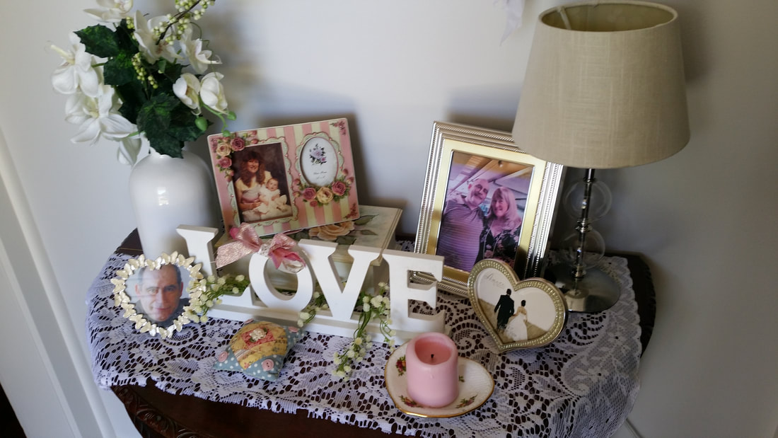 Closeup of hall table romantic Valentine's day decorations